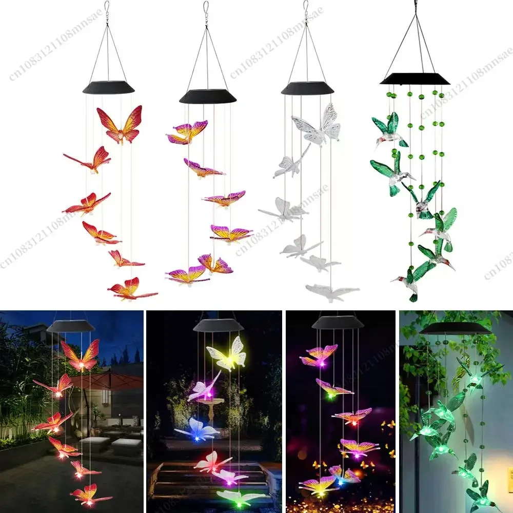 Led تغيير لون الرياح الشمسية الرنين ضوء مقاوم للماء في الهواء الطلق Windchime فراشة ضوء مصباح معلق بالطاقة الشمسية لتزيين الحديقة