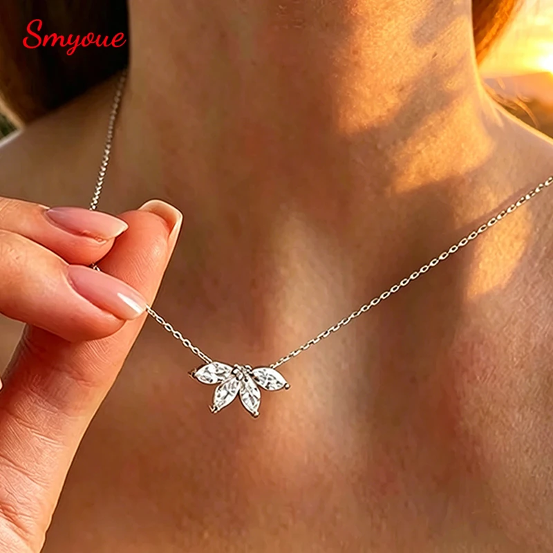 Smyoue 2CTTW 4*8mm Marquise Cut Full Moissanite Pendant Necklace for Women Flower Lab Diamond Wedding Pure 925 Silver Jewelry