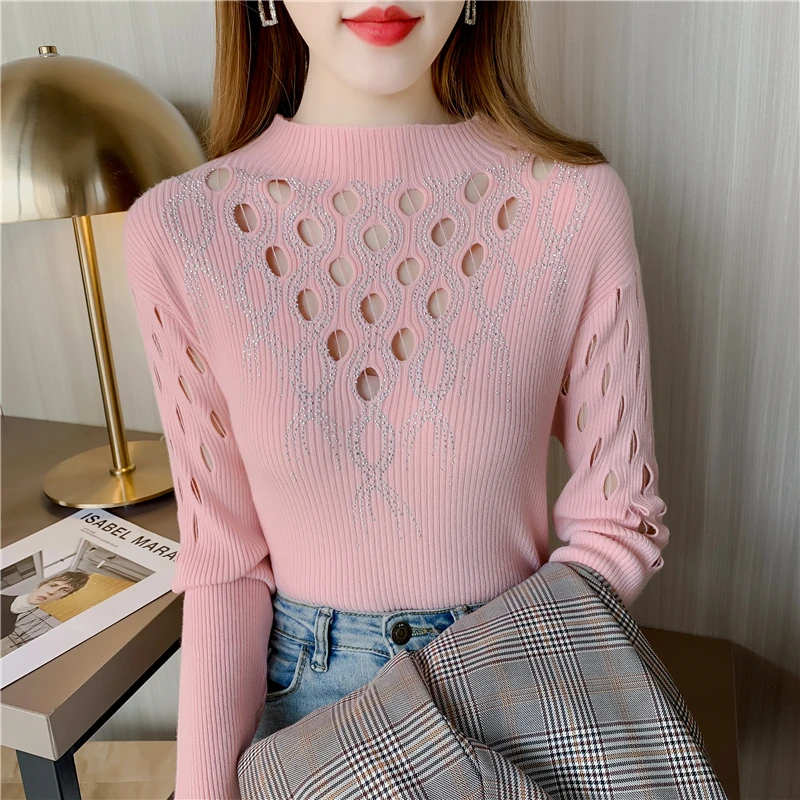 

Ladies Hollow Out Nail Bead Pullover Sweater Women Clothing Girls Autumn Casual Knitwear Female Woman OL Sweaters Py2635