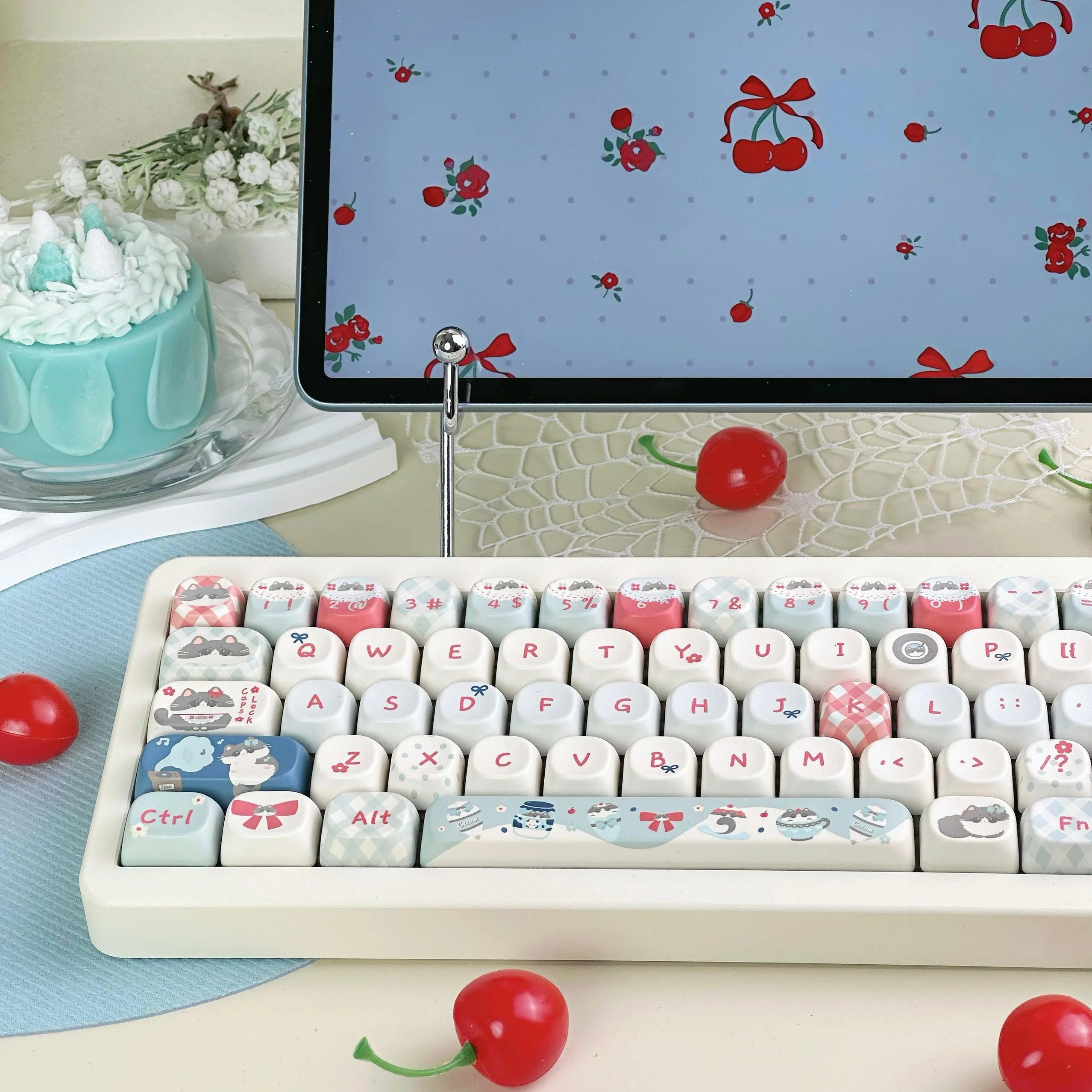 Cherry Meow Keycap 130Keys PBT Thermal Sublimation Cute Cat Keycaps Cherry/XOA Profile Plaid Bow Element Mechanical Keyboard Cap