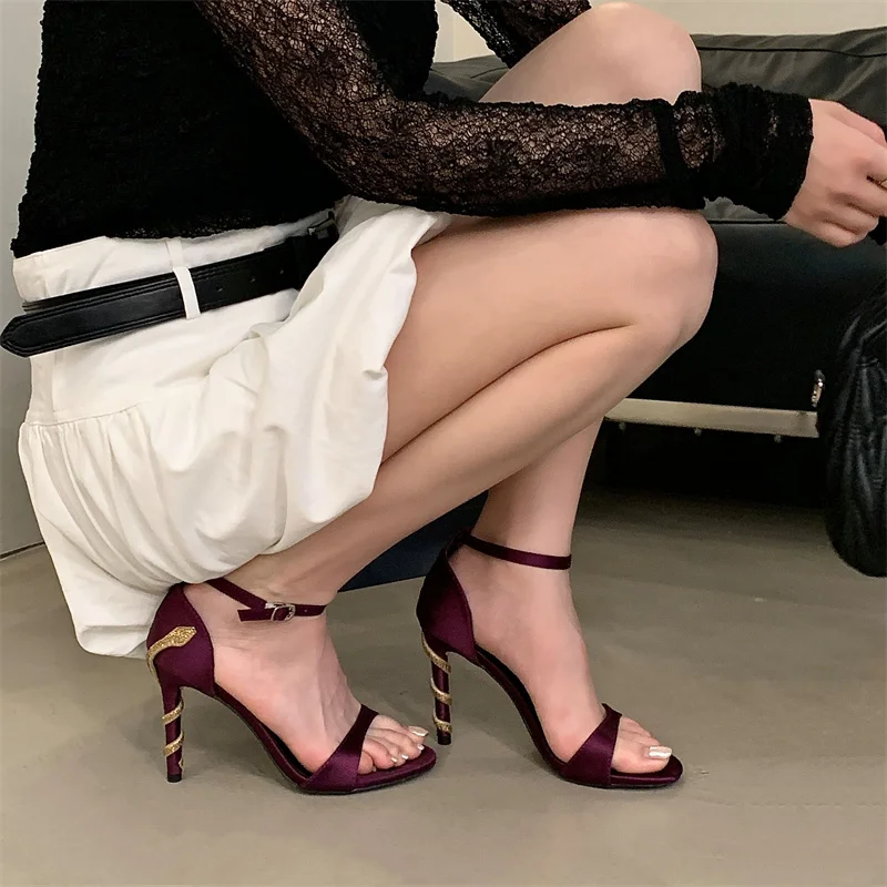 Summer New Light Luxury Sandals Women, Rhinestone Snake-shaped Wrapped High Heels, Open Toe Word Belt Beautiful Women Shoes