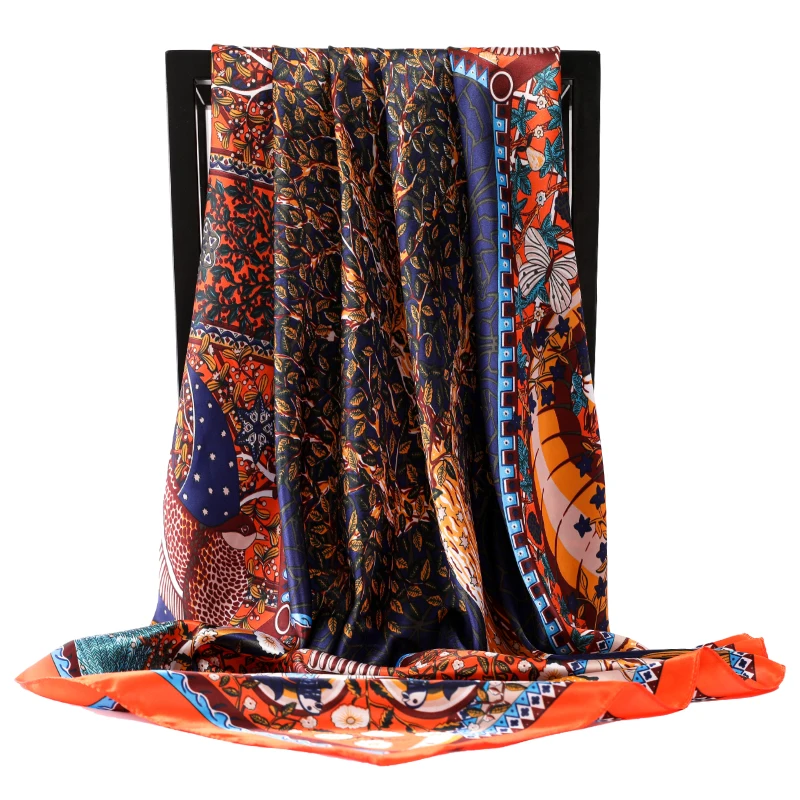90*90cm Fashion Shawl Scarves Women Floral Print Satin Silk Hijab Female Square Kerchief Head Ladies bandanna muffler foulard