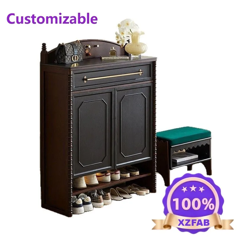 Factory Direct 2026 French retro solid wood shoe cabinet, integrated storage, against the wall into the living room, large-capac