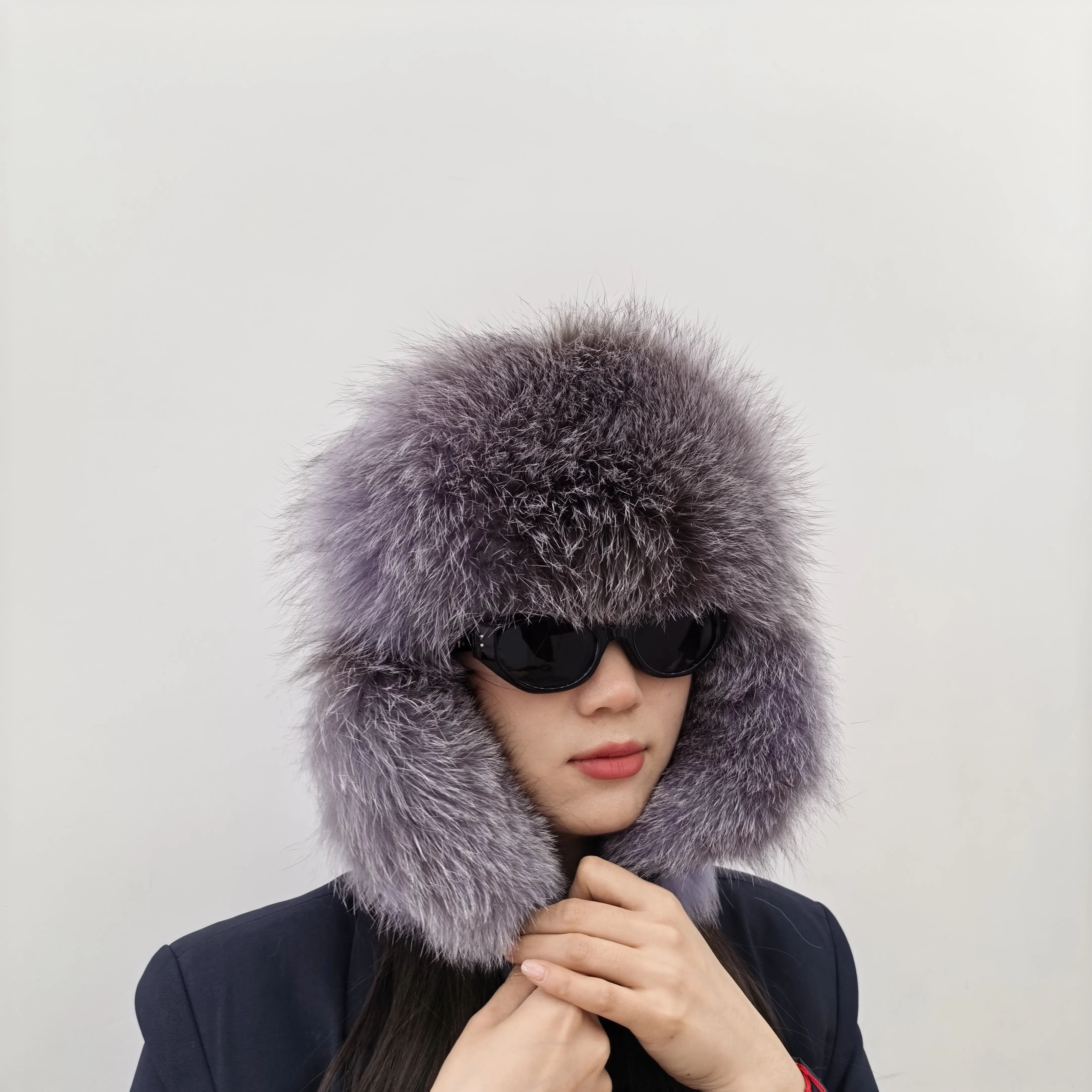 Women Russian Ushanka Trapper Hat Fluffy Real Fur Ear Protection Winter Warm Aviator Snow Cap Streetwear Goth Hat