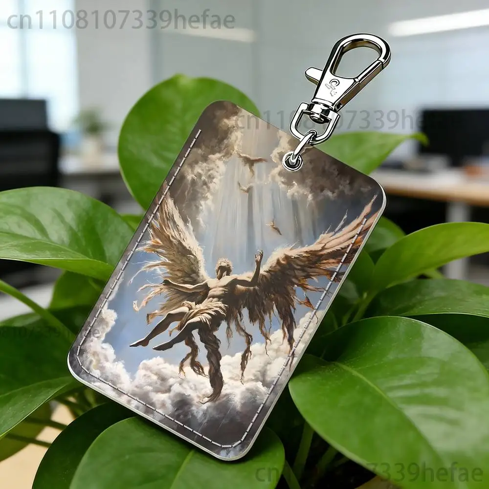 The Fallen Painting Angel Pattern 1Pc PU Leather Card Holder Keychain Key Ring Door Lock Access Tags ID Card Case Keychain Card