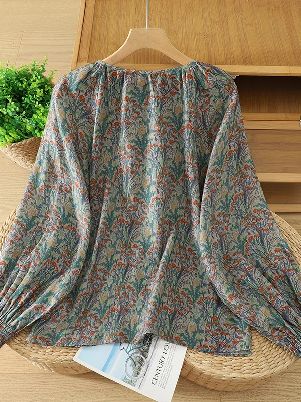Retro Print Breathable Dry Simple Long Sleeve round Neck T-Shirt Large Size Women's Casual Top Comfortable Cotton Lyocell Fiber