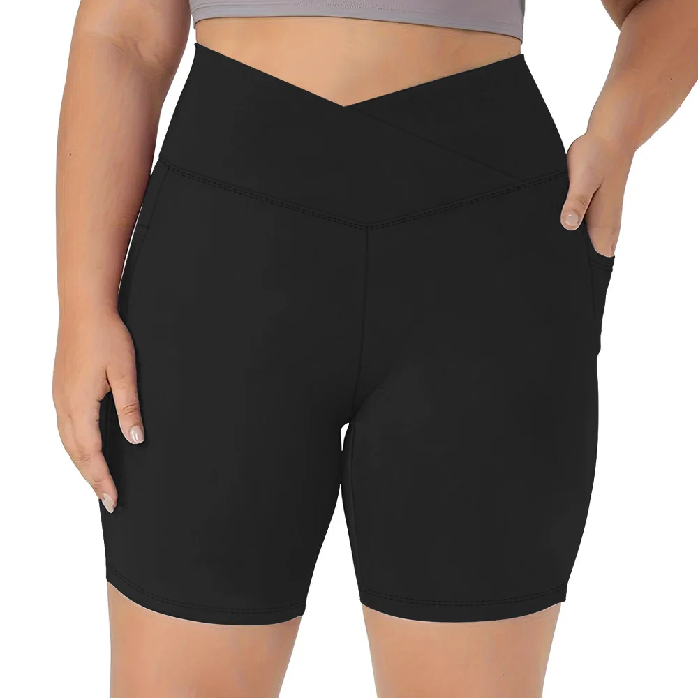 

plus Size Cross Waist Pocket Summer Five Quarter Yoga Pants Cycling Shorts for Women Big Size Fitness Running Trousers