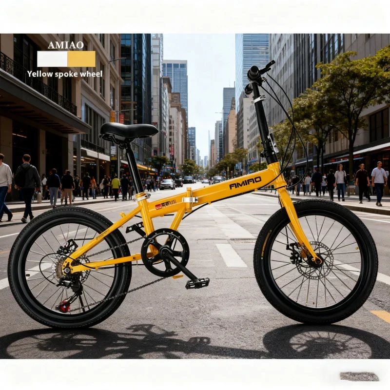Scooter mobile a velocità variabile con freno a disco portatile da 20 pollici per bicicletta pieghevole per adulti con ruota a raggi gialli