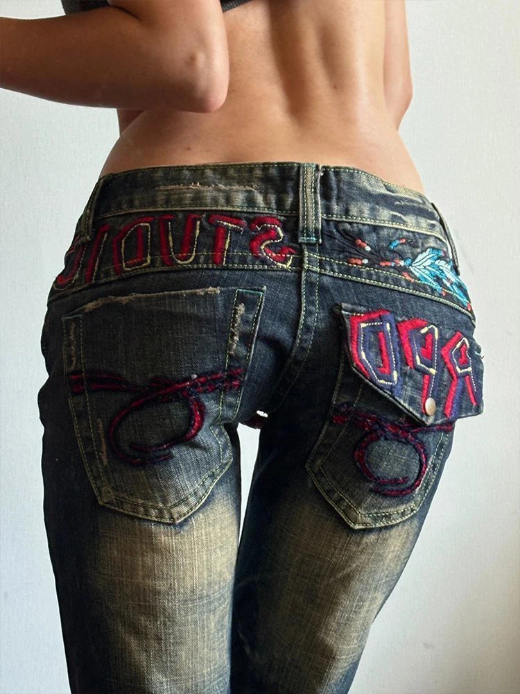 

Retro American Spicy Girl Subculture Distred Denim Low Waist Embroidery Heavy Work Long Trousers Women's Faion