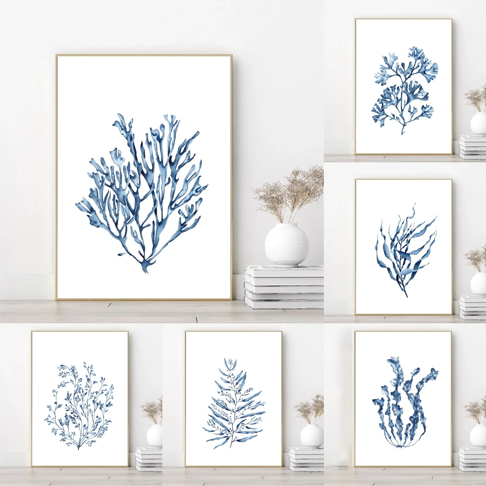 Blue Coral Watercolor Art Print Blue Seaweeds Poster Coastal Wall Art Diamond Painting Sea Corals Pictures For Living Room Dec