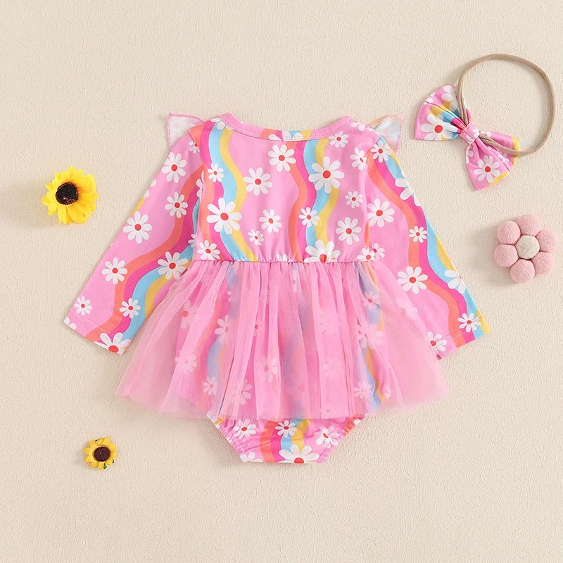 0-18M Spring Autumn Newborn Baby Girls Rompers Clothes Floral Print Ruffles Long Sleeve Bowknot Tulle Jumpsuits Headband Outfits