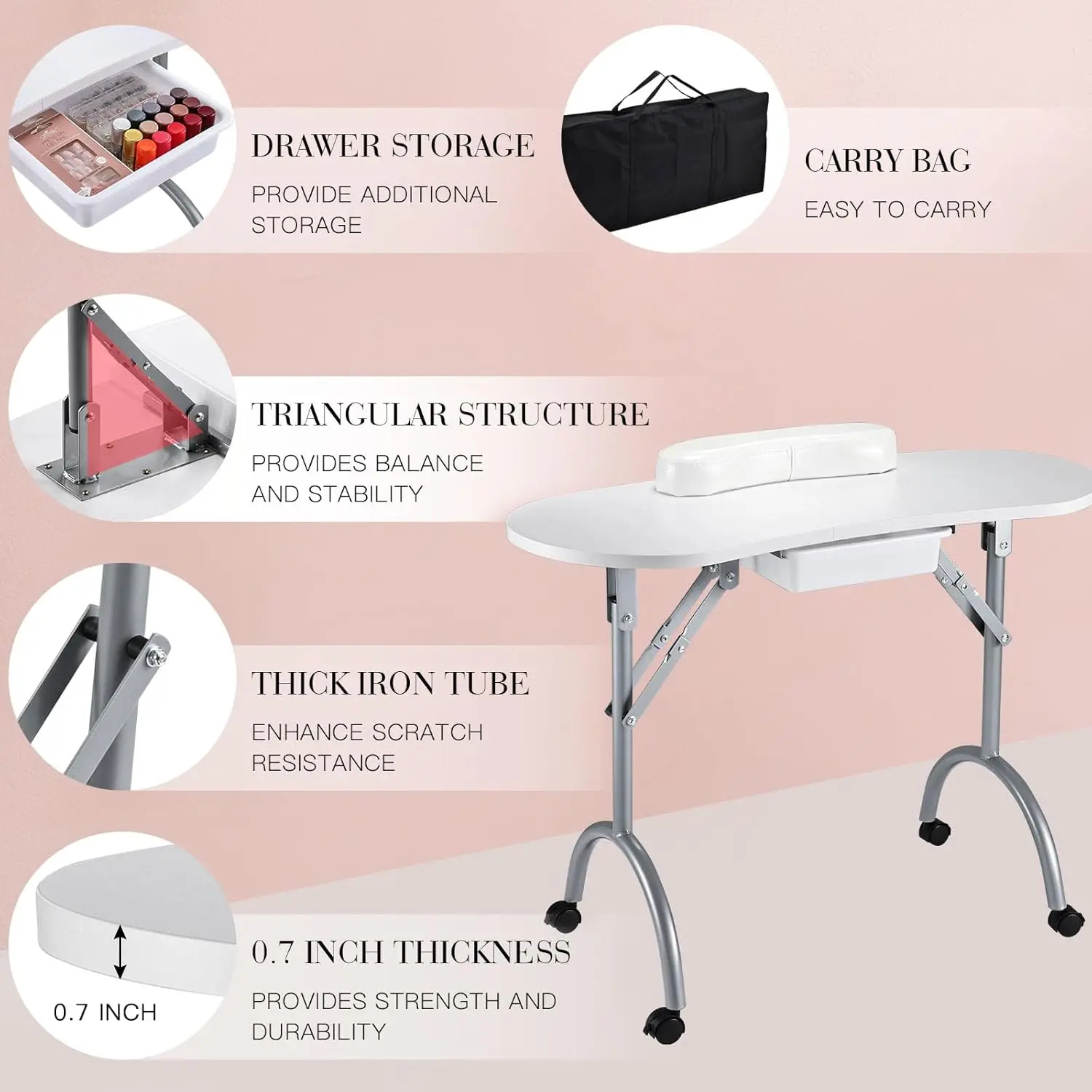 Professional & Portable Manicure Table Nail Technician Desk Workstation 4 Lockable Wheels with Large Drawer Client Wrist Pad Fre