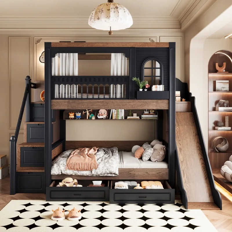 

Customizable medieval style upper and lower beds, bunk beds, French retro children's beds, all solid wood elevated high and low