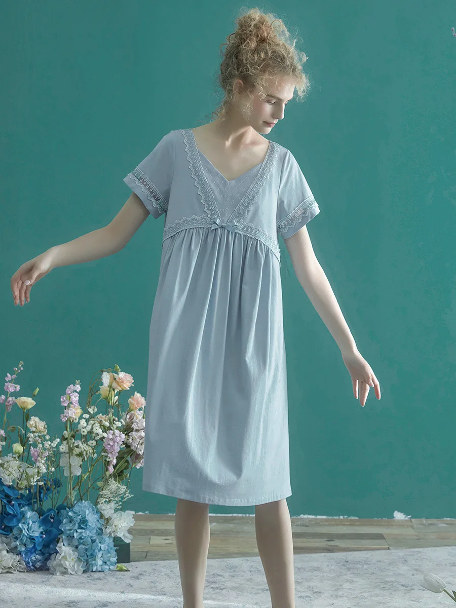 

Summer Cotton Short Sleeve Nightgowns For Women Vintage Royal Princess Sleepwear Loose Girls Solid Color Nightshirts