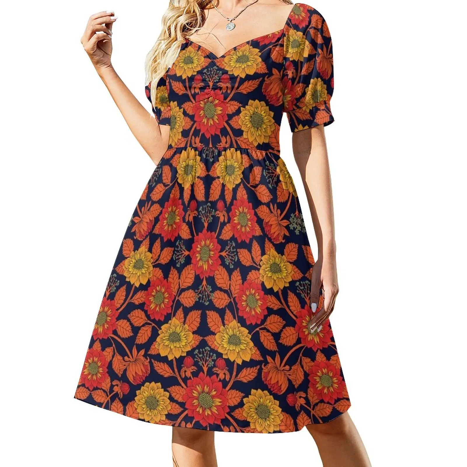 

Vibrant Yellow, Red, Orange, Blue & Navy Floral Pattern Sleeveless Dress Women's clothing ceremony dresses