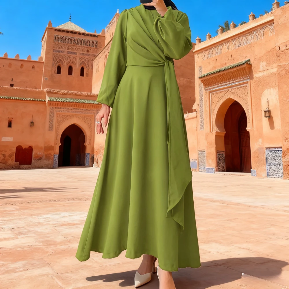 

Платье Дубая, женское повседневное платье на шнуровке, Абая, скромный мусульманский Дубай, Ид, Рамадан, Джалабия, Дубай, длинный халат, марокканский кафтан, Vestidos Largos