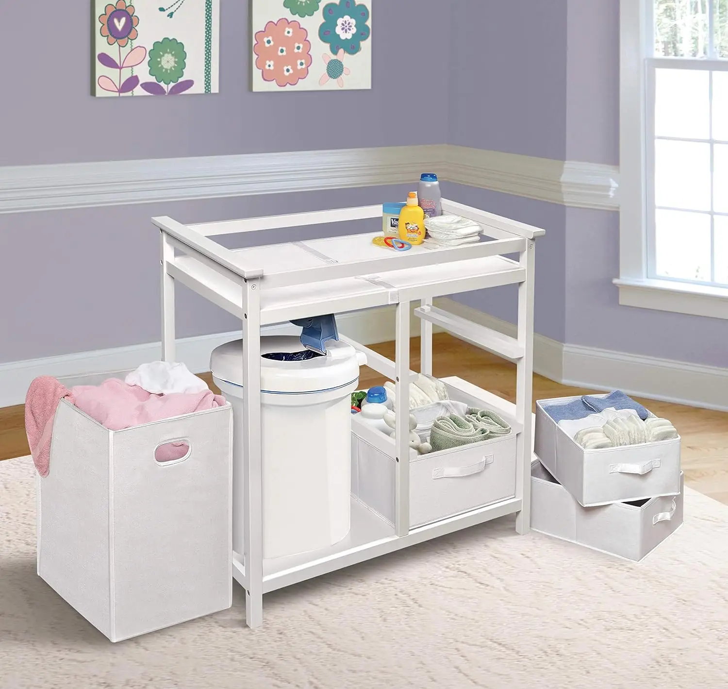 Modern Baby Changing Table com cesto de roupa suja, 3 gavetas de armazenamento e almofada, fralda Change Station, branco e branco cesta