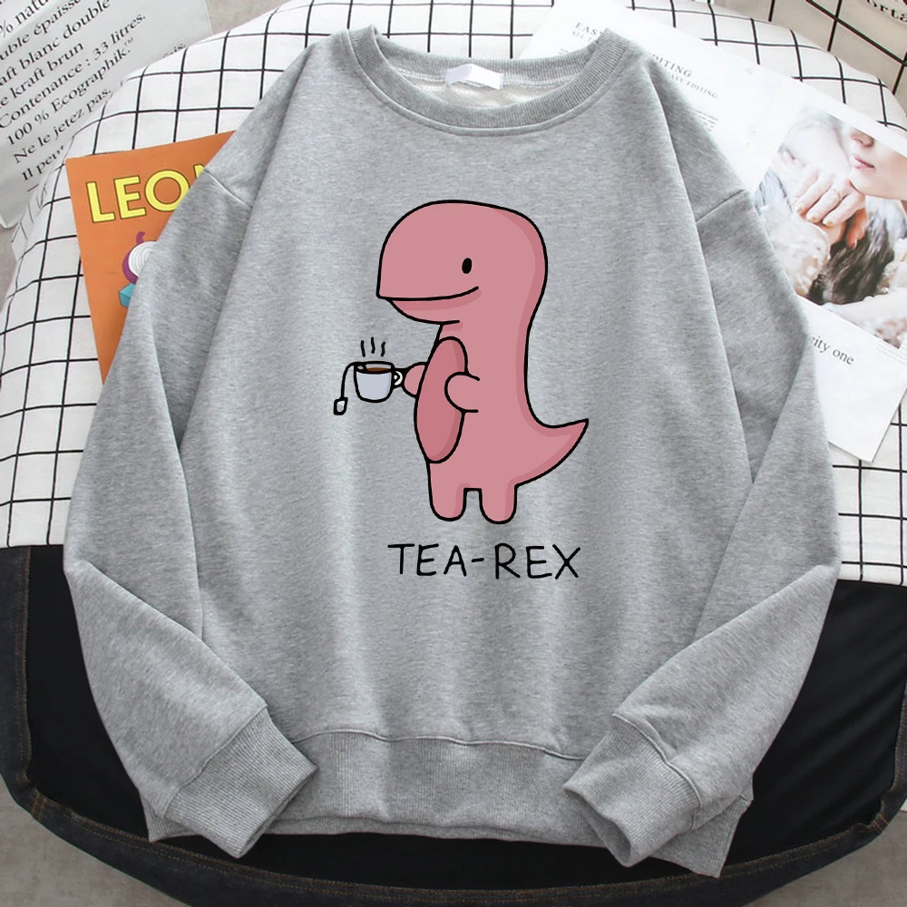 Autumn Funny Sweatshirts For Women Funny Dinosaur Drink Coffee Printing Hoodies Fleece Soft Pullovers Loose Warm Ladies Clothing