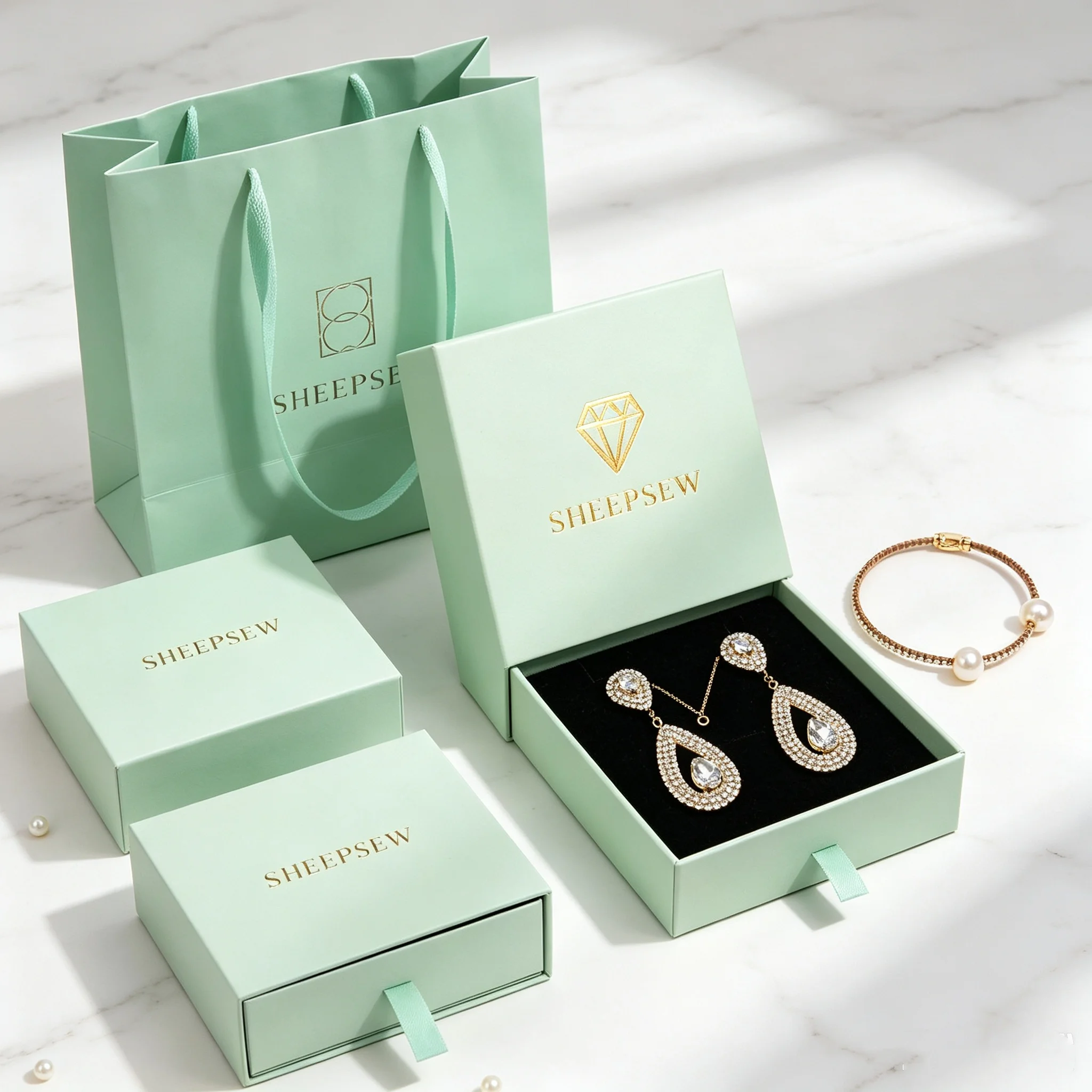 50pcs Sheepsew Custom Logo Recyclable Jewelry Drawer Box Luxury Black Necklace Gift Packaging Rigid Paper Boxes With Ribbon
