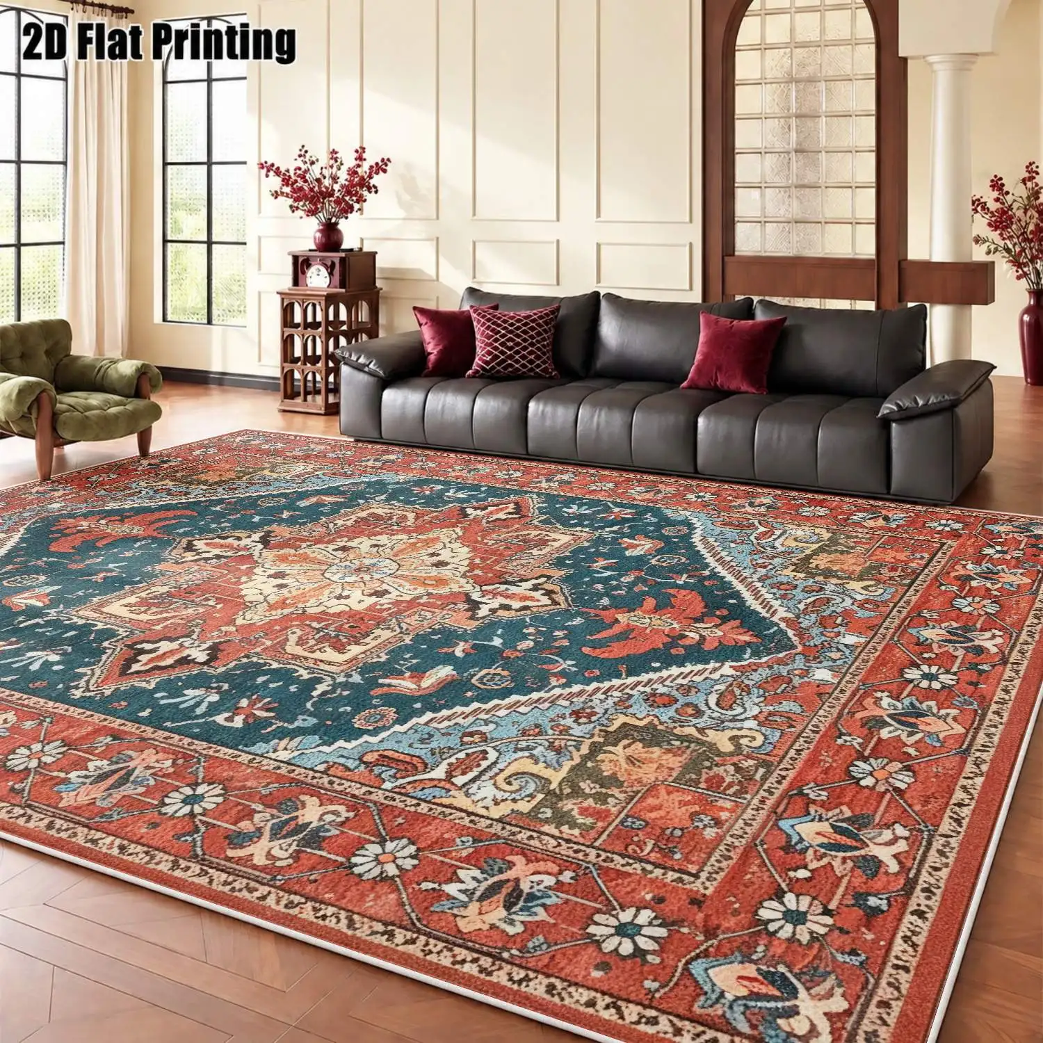 1Pc 2D Printed Velvet Carpet, Retro Red-Blue Geometric Patterns, Multi-Style, Multi-Size, Machine Washable, for Home Decor & Mats, Multiple Scenes