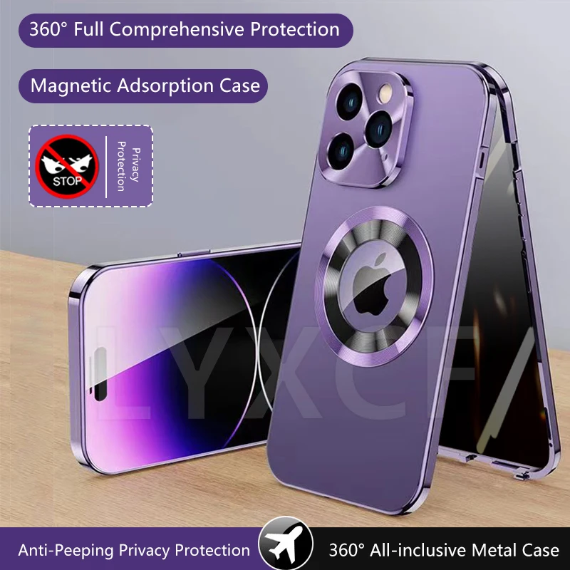 Anti-Peeping Privacy Protector Case For iPhone 15 14 13 12 Pro Max Metal Magnetic Aluminium Alloy Original Color Hole Logo Cover