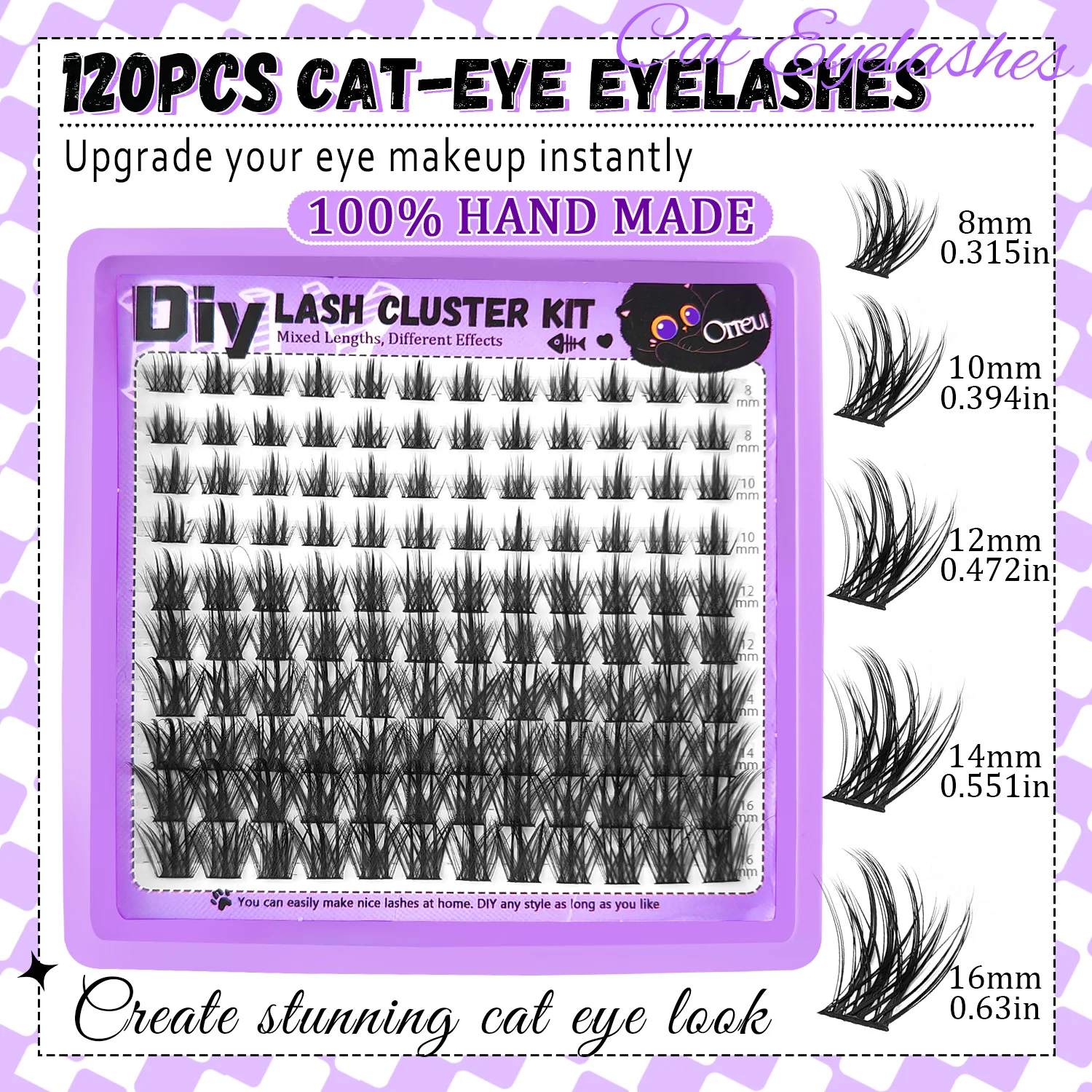 120PCS DIY Lash Cluster Kit D Curl Cat Eye False Eyelashes 8-16mm Mixed Length Individual Lashes Reusable Invisible Band