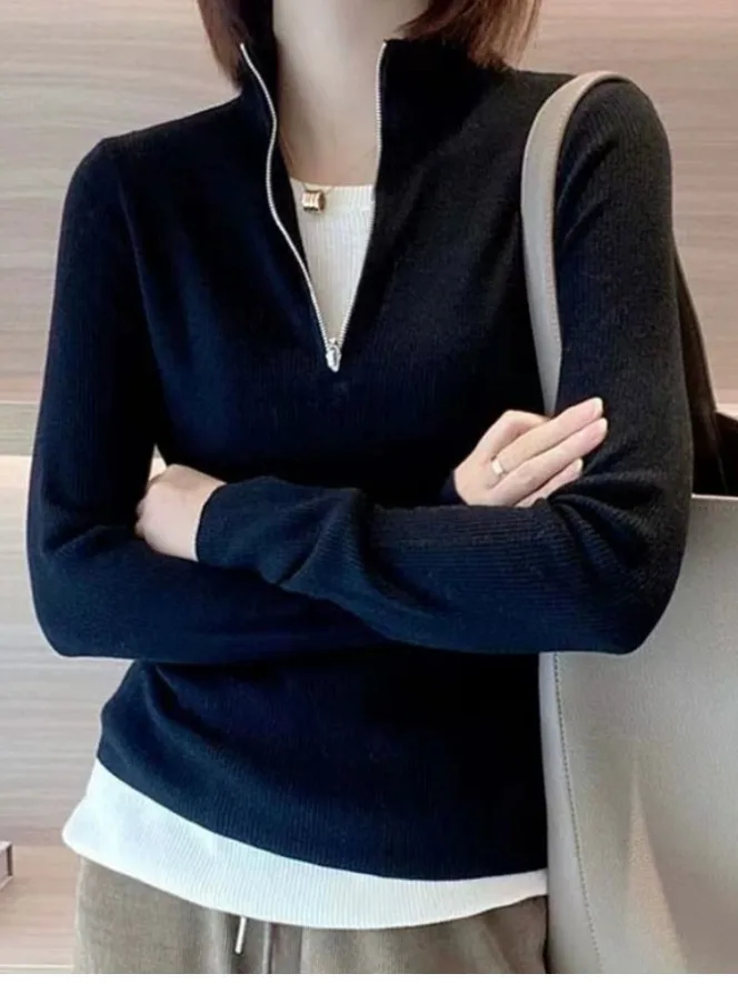 قميص نسائي كاجوال من الكشمير المحبوك بسحاب نصفي وأكمام طويلة، نمط عصري، مزيج صوف ناعم، مقاس منتظم، قطعة علوية أنيقة #3