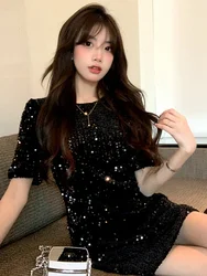 Sequins Mini Dress for Women 2023 Summer New Short Sleeve O Neck Shiny Black Dresses Ladies Elegant Slim Evening Vestidos