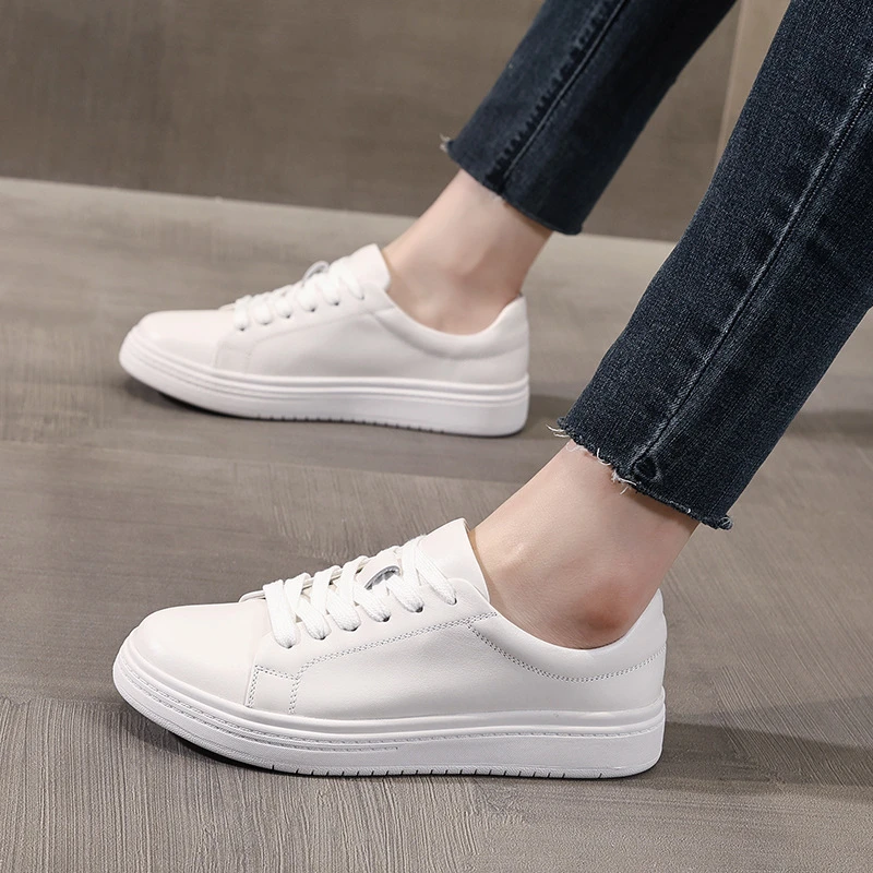 

Solid Genuine Leather White Sneakers For Women 2026 All Season New Classic Lace Up Round Toe Multi Layer Light Platform Non Slip