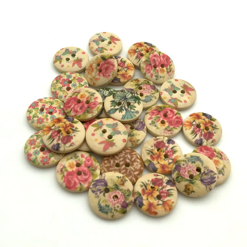 50PCS/Lot 18mm Mixed Flowers Pattern 2-holes Round Wooden Buttons For Sewing Clothing Scrapbooking Crafts Home Decor  QTG063