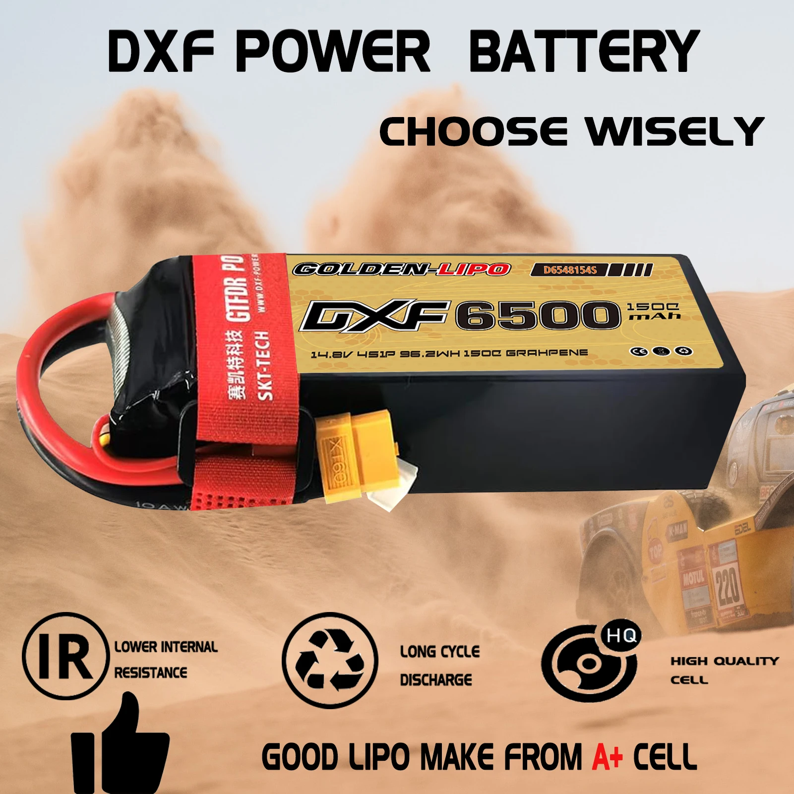 แบตเตอรี่ลิโพ 6500mAh DXF 4S 14.8V 150C พร้อมเคสแข็ง หัวต่อ XT60 สำหรับรถบังคับวิทยุ รถบรรทุก รถถัง รถบักกี้ รถทรักกี้ รถแข่ง งานอดิเรก