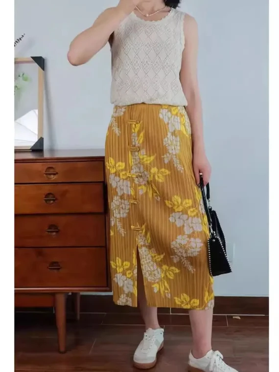 Elegant New Chinese Style Printed Skirt with Button Pleated Split Heavy Embroidery High Waist Polyester Fiber Commuter Style
