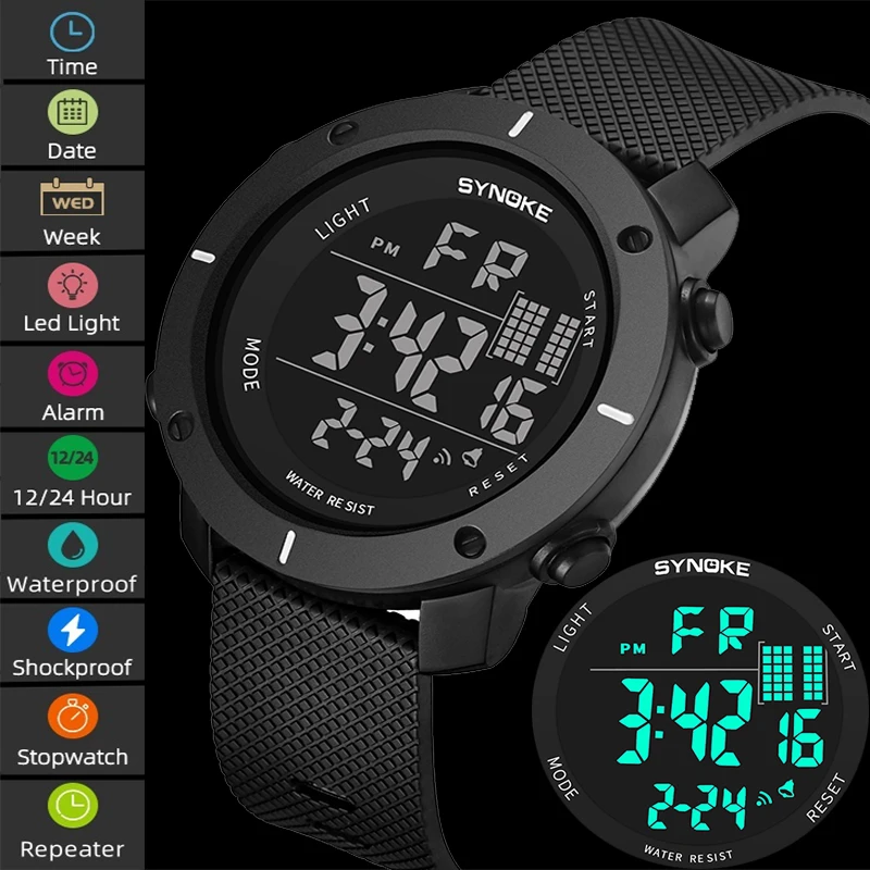 

Synoke Waterproof Digital Sport's Watches Fashion Big Size Dial PU Strap Original 12/24 Hour Display Men's Led Chronograph Time