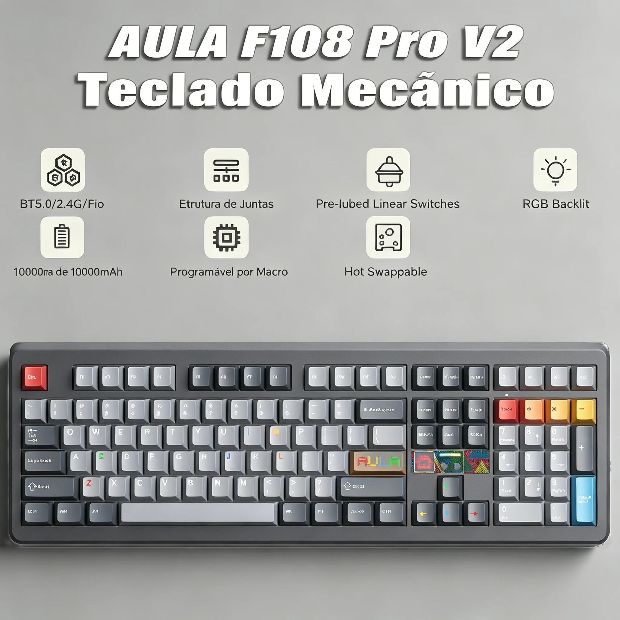 Teclado Gamer Sem Fio AULA F108 Pro V2 Tri-Mode com Taxa de Polling de 8KHz, Layout 100%, Retroiluminação RGB, Hot-swap, Bateria de 10000mAh e Estrutu