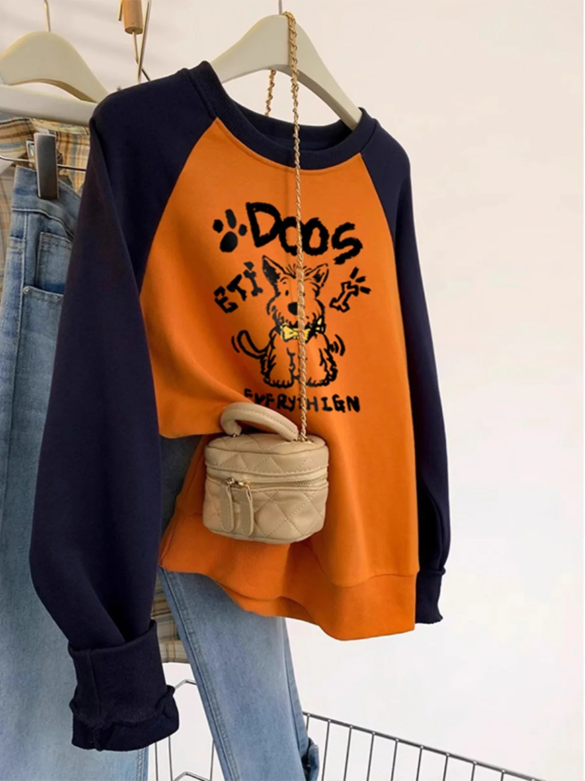 Retro American oulder Sweatirt Women's Spring Autumn New Cartoon Happy Dog Print Color Blo Long Sve Top