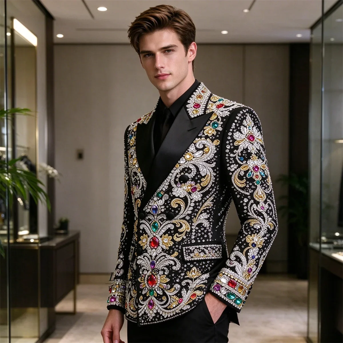 High End Diamond Crystals Men Suits 2 Pieces Sets Groom Slim Fit Blazers Customized Wedding Party Tuxedos rajes para hombre