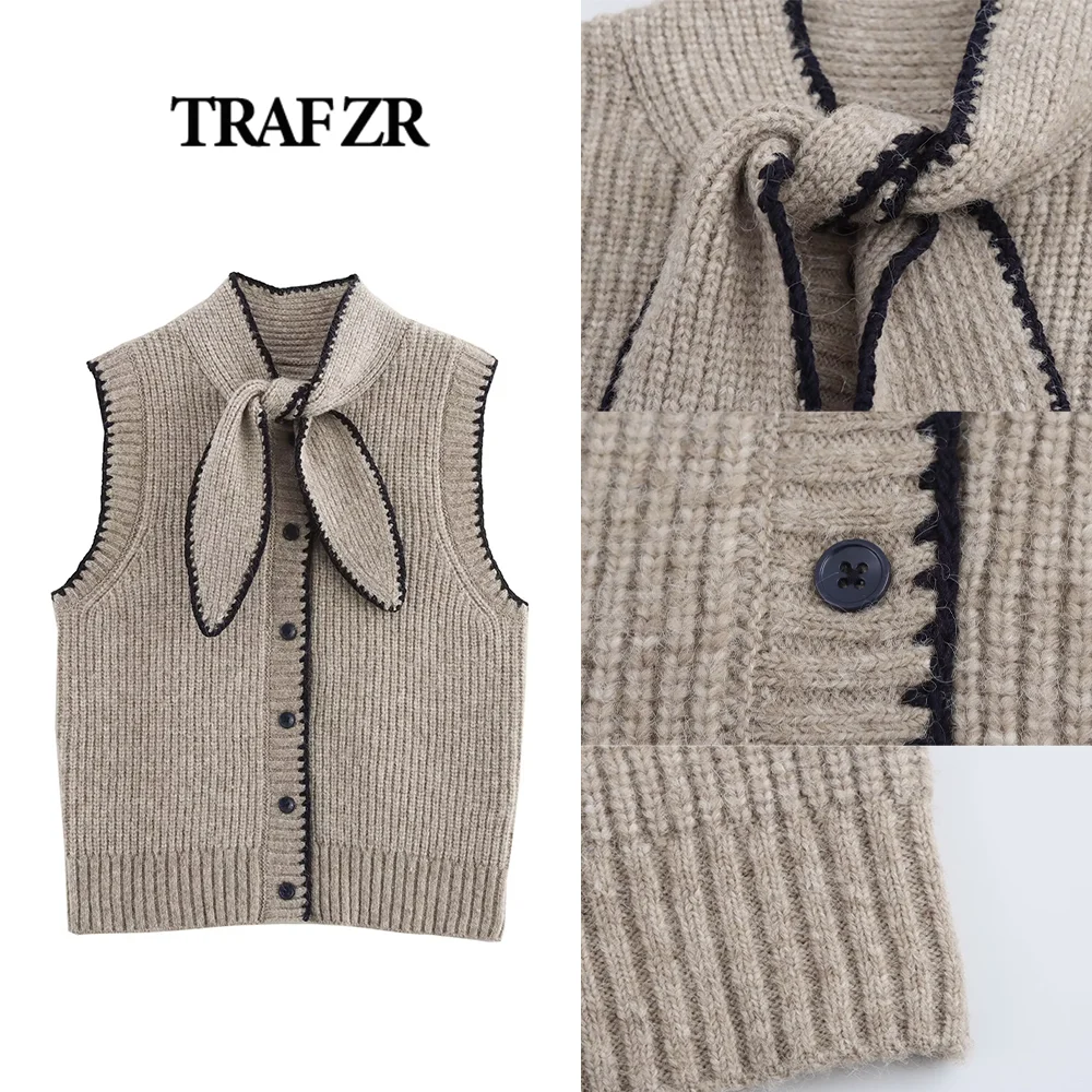 TRAF ZR Slouchy Comfy Waistcoat Knitwear Sleeveless Sweater Vest with Tied High Neckline&Contrasting Piping Embroidery for Women