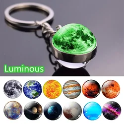 Double Side Glass Ball Glow  In The Dark Key Chain Solar System Planet Keyring Galaxy Nebula Luminous Keychain Moon Earth Sun