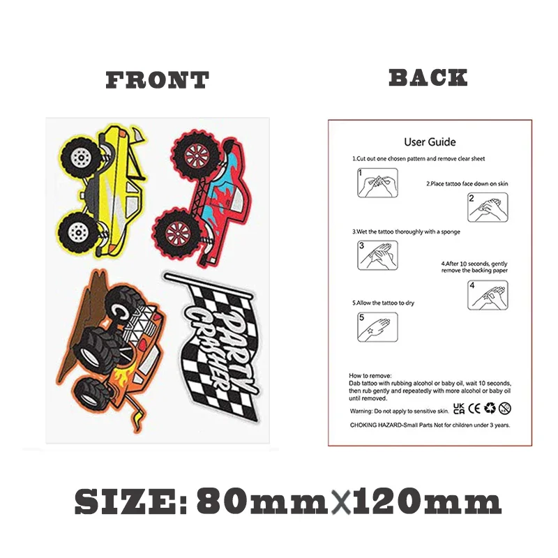 6Sheets Off-road Truck Temporary Tattoo Stickers Creative Boy Toys Face Arm Leg Transportation Tattoo Sticker for Kids