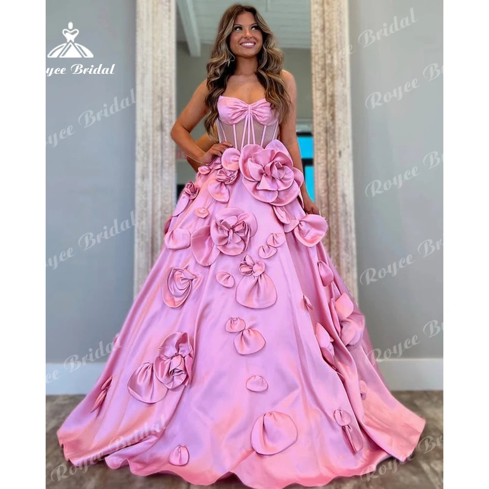 Roycebridal Rosa Satin Quinceanera-Kleid mit Blumen, Junior-Abschlussballkleid, ärmelloses Ballkleid mit Herzausschnitt, Größe 16, für Zeremonien, individuell anpassbar