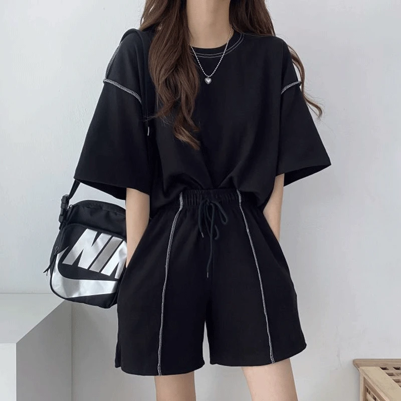 Summer Women\'s Short-sleeved Shorts Two-piece 2023 New Fashion Casual Sports Suit Loose Oversized Solid Color Patchwork Neutral