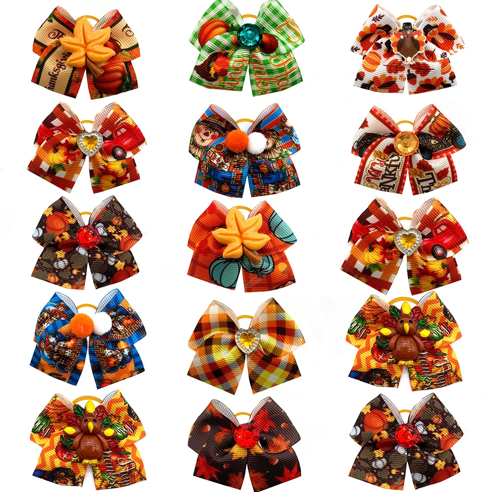 30/50pcs Fall Style Puppy Bows with Rubber Bands Pet Dog Hair Accessories Thanksgiving Dog Bows Pet Grooming Accessories for Dog