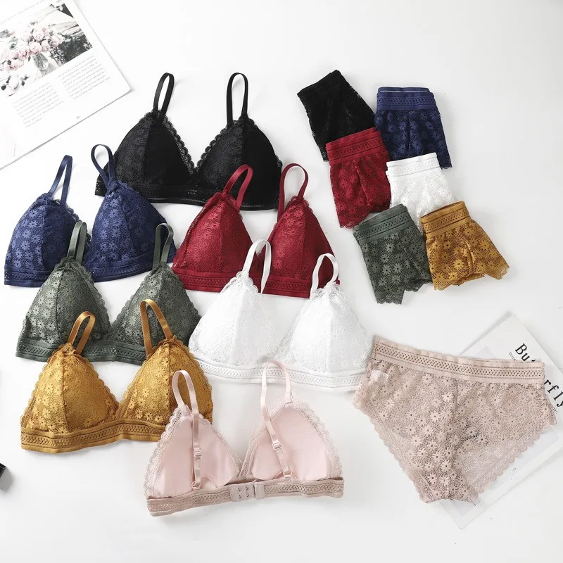 طقم حمالة صدر نسائية من الدانتيل الخلفي بدون حواف فولاذية كوب فرنسي مثلث مريح يغطي الصدر ملابس داخلية