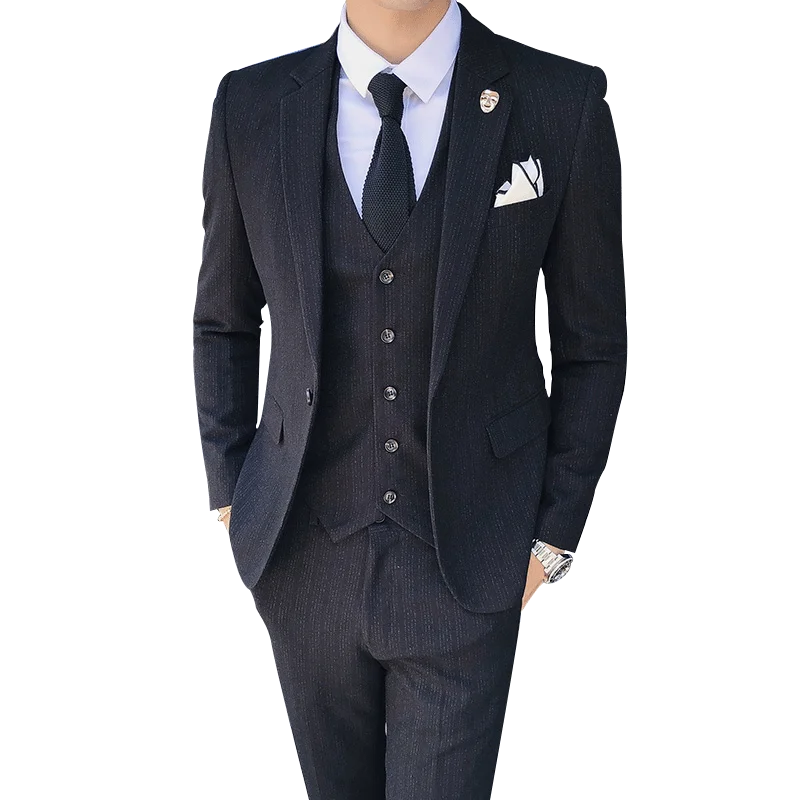 (Blazer + Vest + Trousers) Striped New Slim Men's Suit Three Piece Wedding Party Prom Business Gentleman Dresses