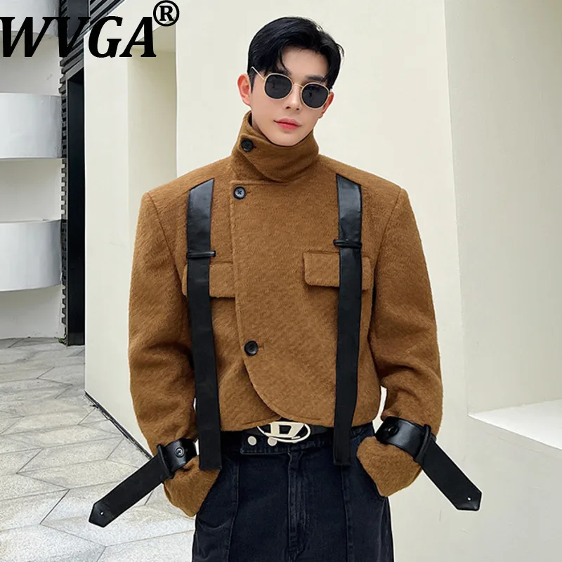 

WVGA Spring Autumn New Men Tide Multi-Wear Patchwork Trendy Woolen Short Jackets Niche Chic Casual Turn-Down Collar Coats W16999