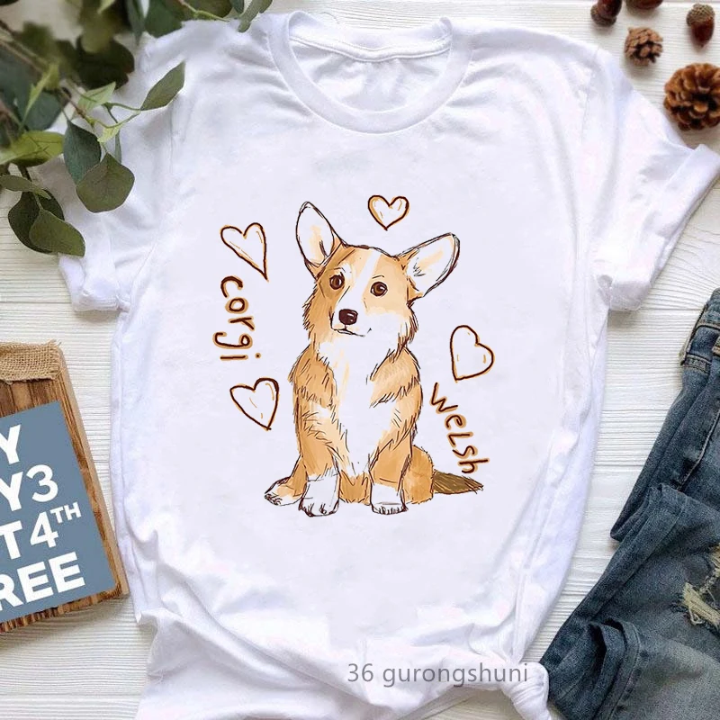 

Cute Corgi Welsh Graphic Print Tshirt Women Clothes 2024 Harajuku Kawaii T Shirt Femme Summer Tops Dog Lover Mom T-Shirt