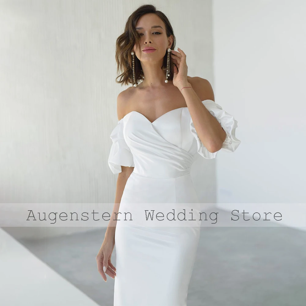 Simple Wedding Dress White Sheath Sweetheart Short Wedding Gown Puff Sleeves Off the Shoulder Tea Length Simple Bridal Dresses