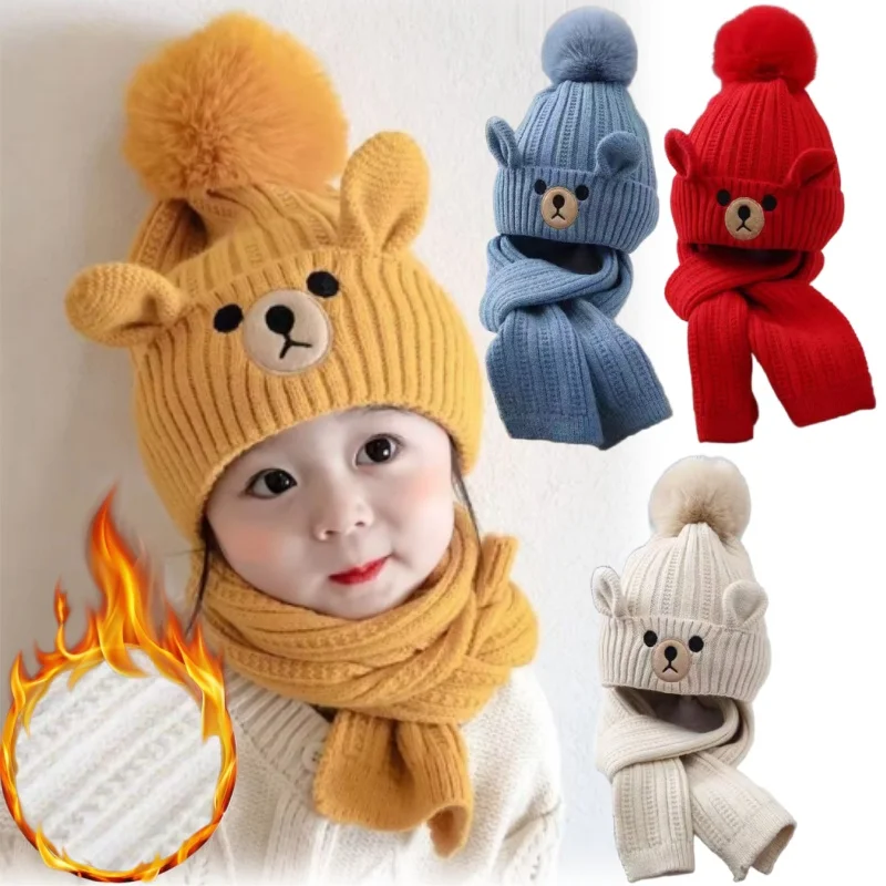 

Childrens Animal Ear Hat Scarf Set Soft Fleece Lined Winter Accessories Embroidered Bear Design Warm Knit Cap For Boys And Girls