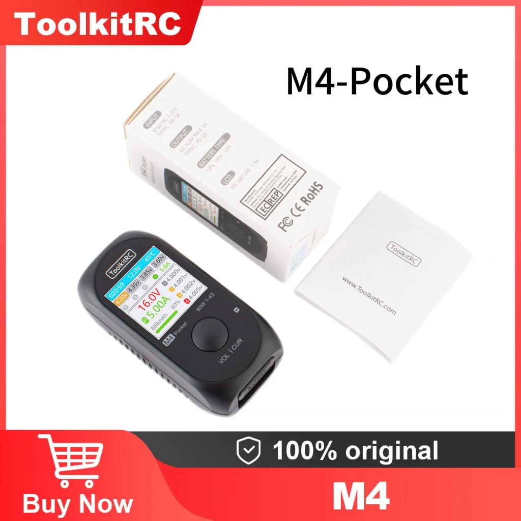 

ToolkitRC M4 Карманное зарядное устройство постоянного тока 80 Вт USB-C ввода/вывода 5A XT30 XT60 Вход 1-4S LiPo аккумулятор Быстрое зарядное устройство для радиоуправляемого самолета-дрона
