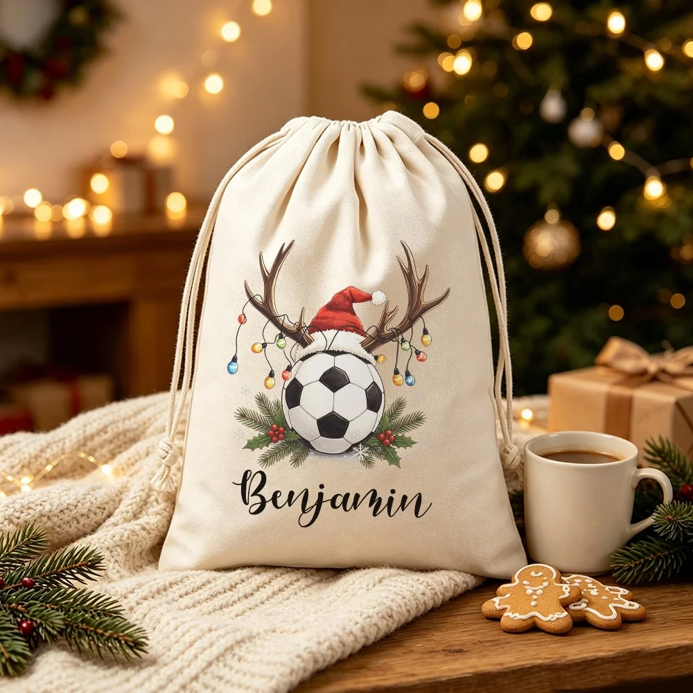 1Pc Custom Name/Text Football-Themed Christmas Imitation Hemp Gift Bag, Xmas Drawstring Closure Storage Bags, Party Candy Bag